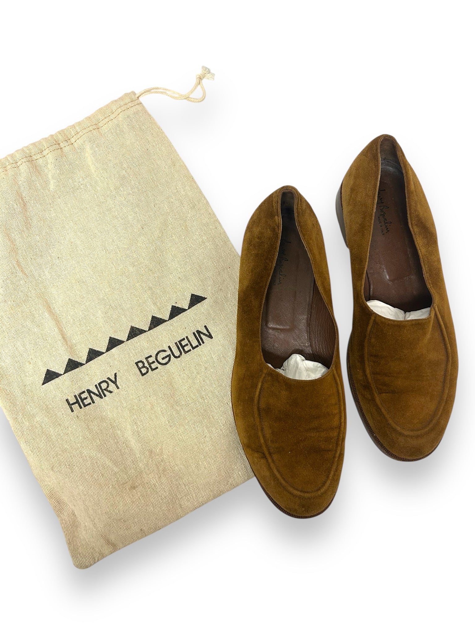 HENRY BEGUELIN CAMEL TAN SUEDE LOAFERS SIZE 40