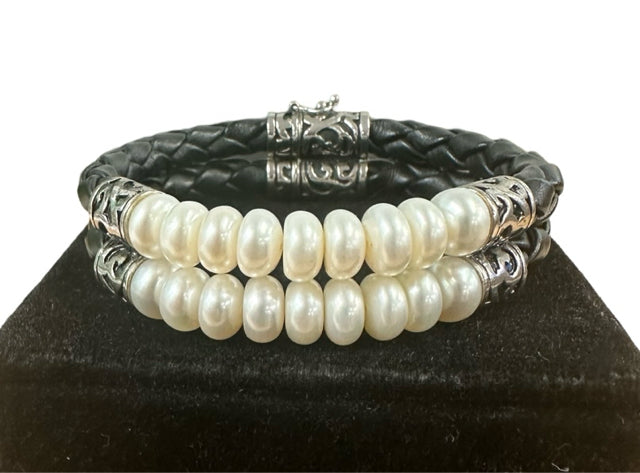 HONORA BRAIDED LEATHER AND PEARLS BRACELET