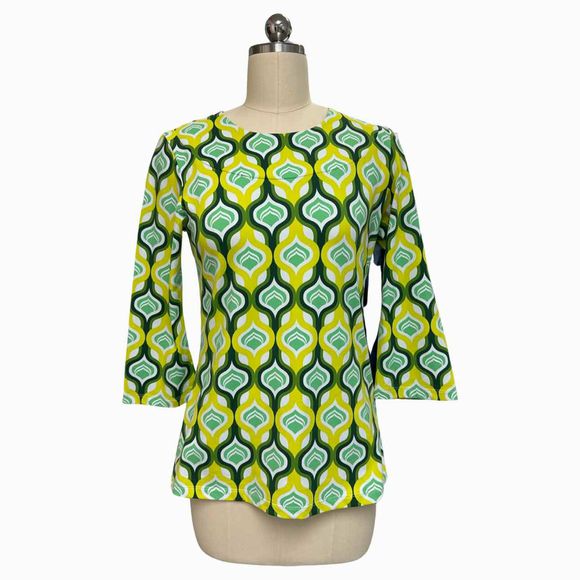 MCLAUGHLIN CATALINA CLOTH BAMBOO LATTICE PRINT 3/4 SLEEVE YELLOW/GREEN TOP SIZE XS