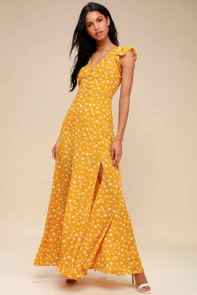 LULUS NWT! FLORAL OPEN BACK YELLOW MAXI DRESS SIZE M