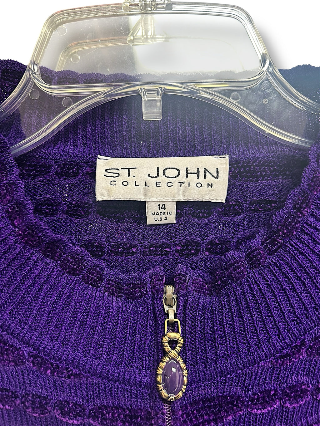 ST JOHN SANTANA KNIT CHENILLE DETAIL FULL ZIP PURPLE SIZE 14