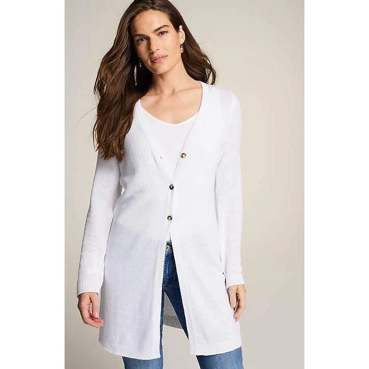 NWT J.JILL BUTTON FRONT WHITE LINEN COTTON LONG LENGTH CARDIGAN SIZE 2X