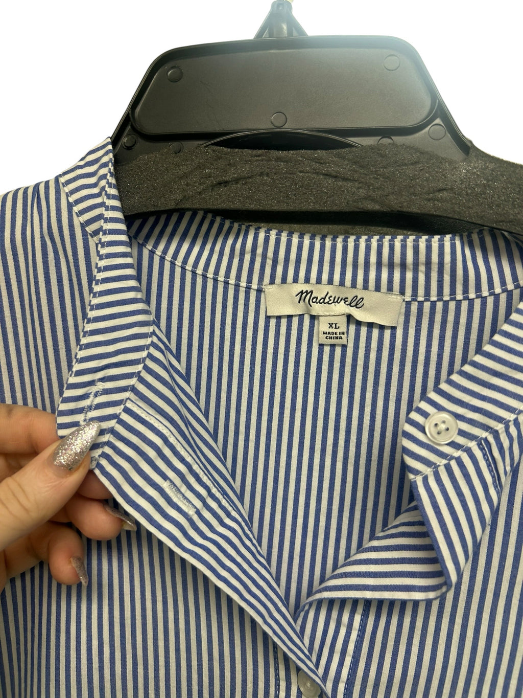 MADEWELL POPLIN BUTTON FRONT GATHERED MINI DRESS BLUE WHITE SIZE XL