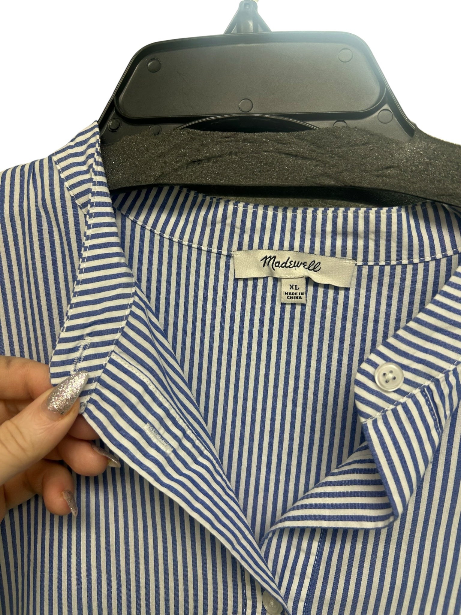MADEWELL POPLIN BUTTON FRONT GATHERED MINI DRESS BLUE WHITE SIZE XL