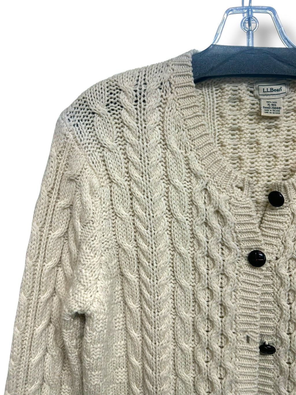LL BEAN WOOL CABLE KNIT MADE IN IRELAND CREAM BUTTON FRONT CARDI SIZE XL