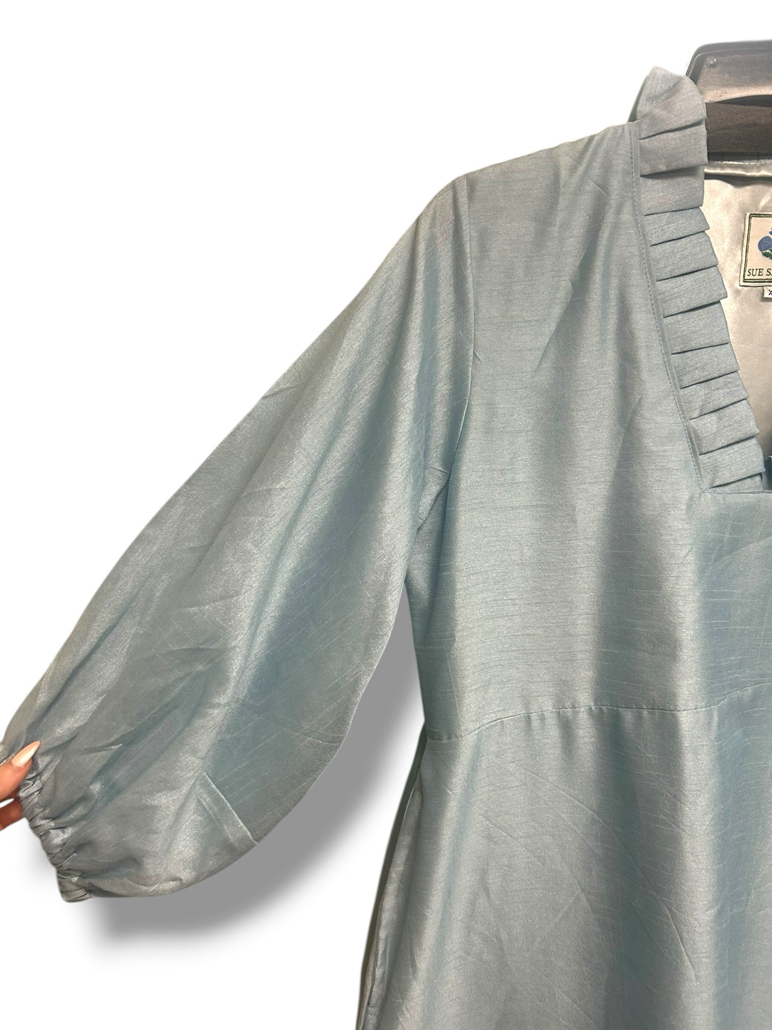 SUE SARTOR LIGHT BLUE FLOUNCE LONG SLEEVE TAFFETA MAXI SILK DRESS SIZE XL