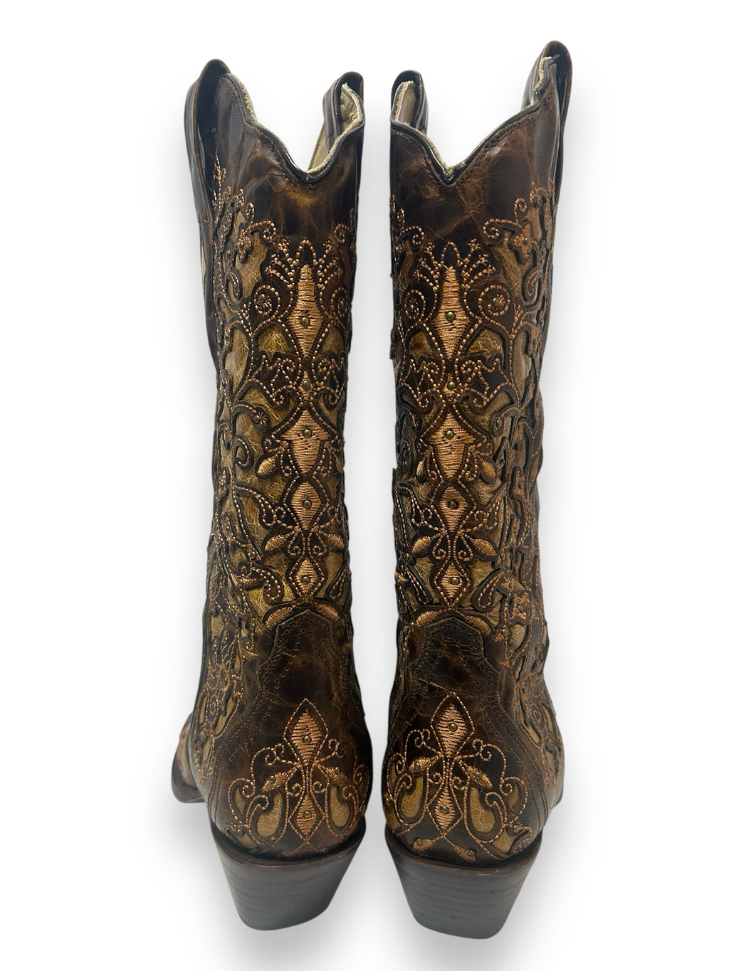 CORRAL TAN INLAY EMBROIDERY AND STUDS BRONW COWBOY BOOTS SIZE 7.5
