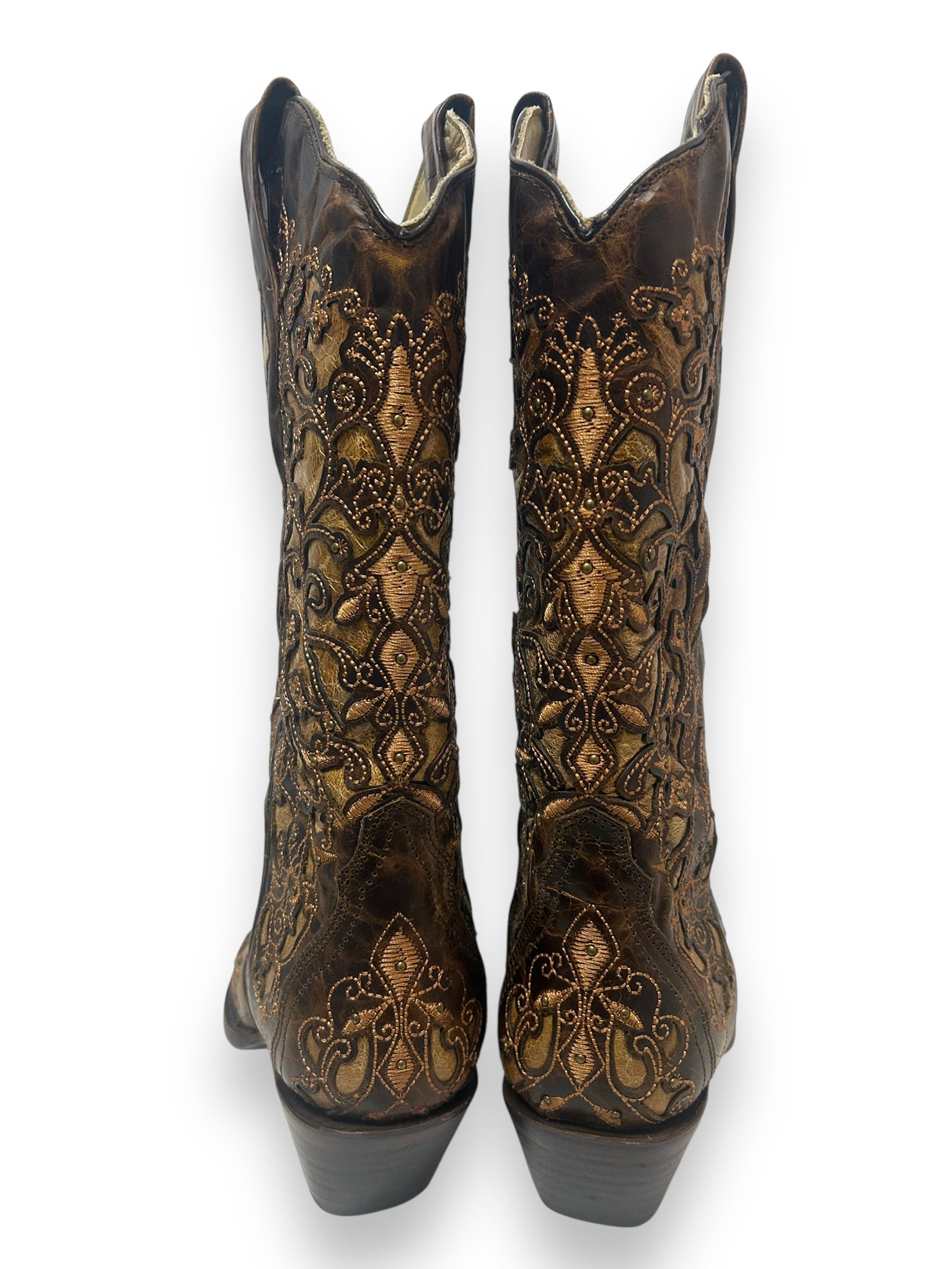 CORRAL TAN INLAY EMBROIDERY AND STUDS BRONW COWBOY BOOTS SIZE 7.5