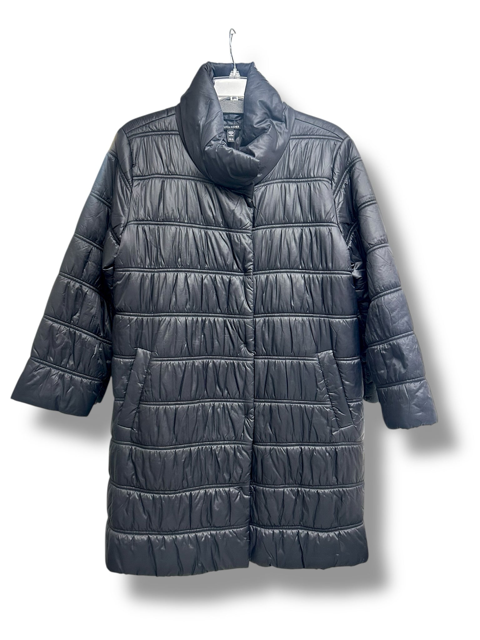 EILEEN FISHER  EGGSHELL RECYCLED NYLON STAND COLLAR COAT BLACK SIZE X LARGE