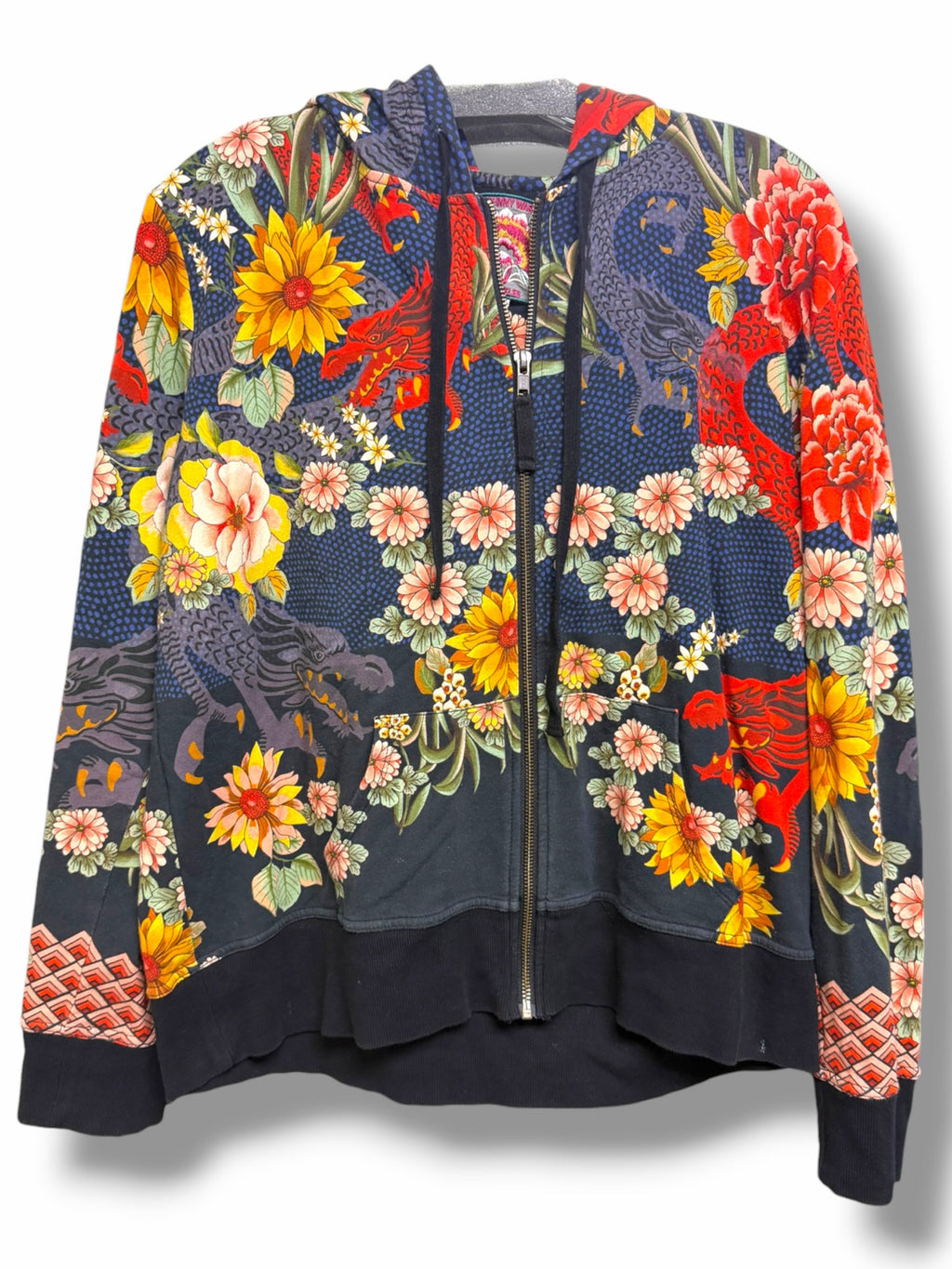 JOHNNY WAS MULTI COLOR FULL ZIP DRAGON FLORAL PRINT HOODIE SIZE MEDIUM