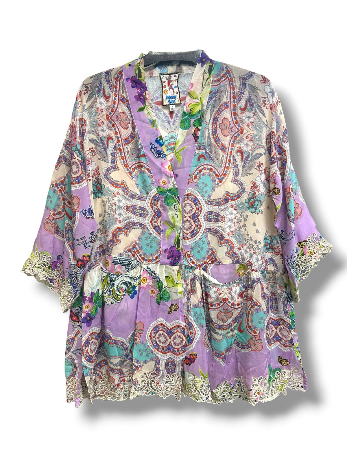 JOHNNY WAS KIMONO TUNIC GREENRIDGE FLORAL BUTTERFLY LACE TRIM SIZE SMALL
