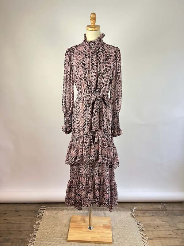 MISA VALENTINA SNAKE PRINT RUFFLE TIERED PINK MAXI DRESS SIZE SMALL