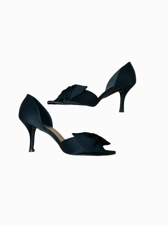 STUART WEITZMAN SATIN PEEP TOE BOW PUMPS BLACK 8