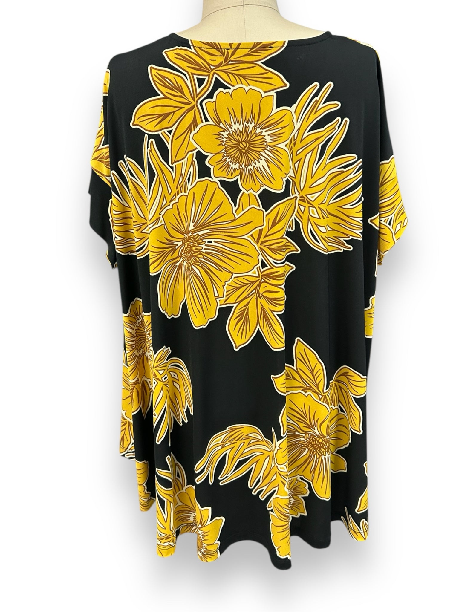 ALEMBIKA BLACK GOLD FLORAL SHORT SLEEVE A LINE TUNIC SIZE SMALL
