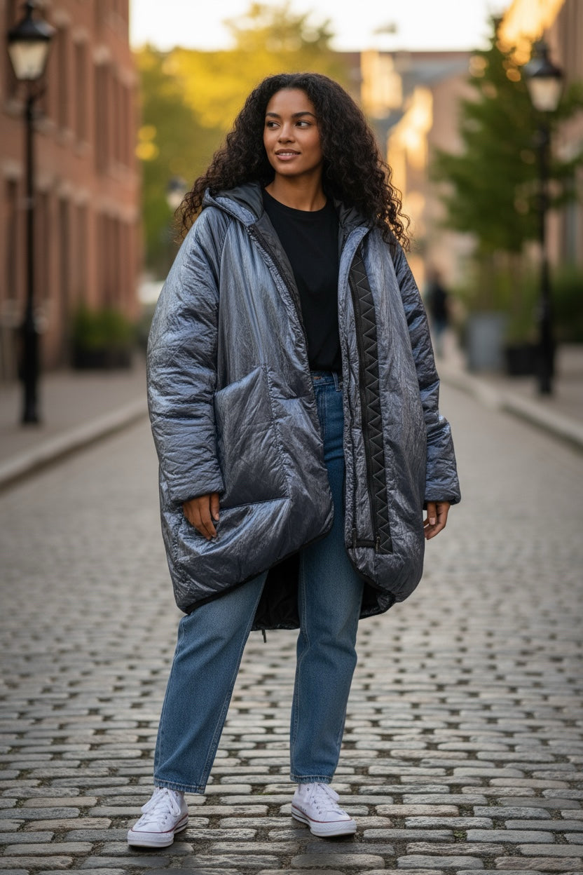 MARA GIBBUCCI IRIDESCENT BLUE HOODED COCOON PUFFER COAT SIZE  LARGE