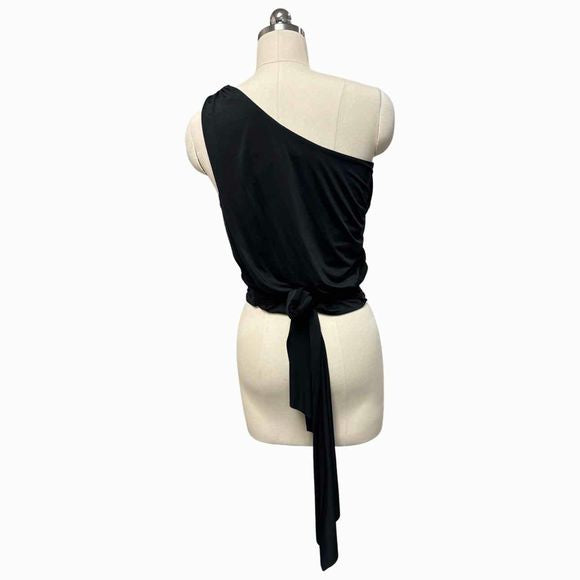 KRISA NWT! ONE SHOULDER RUCHED TIE WAIST BLACK TOP SIZE M