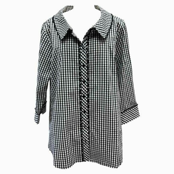 SARA CAMPBELL GINGHAM SCALLOP TRIMMED BUTTON DOWN BLACK/WHITE BLOUSE SIZE XL
