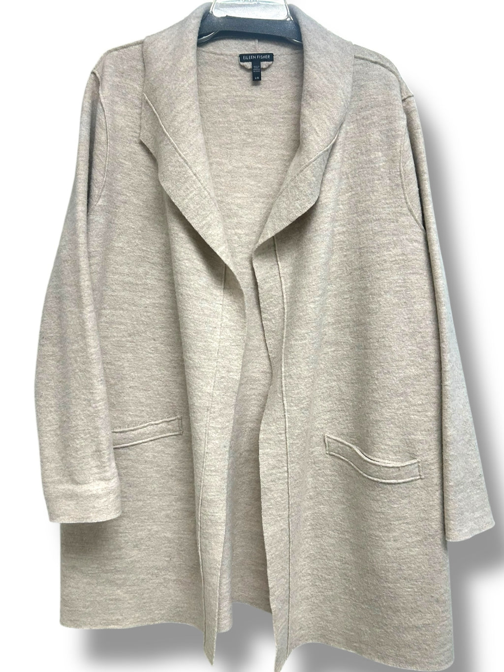 EILEEN FISHER BEIGE BOILED WOOL OPEN FRONT KNEE LENGTH CARDIGAN SIZE LARGE
