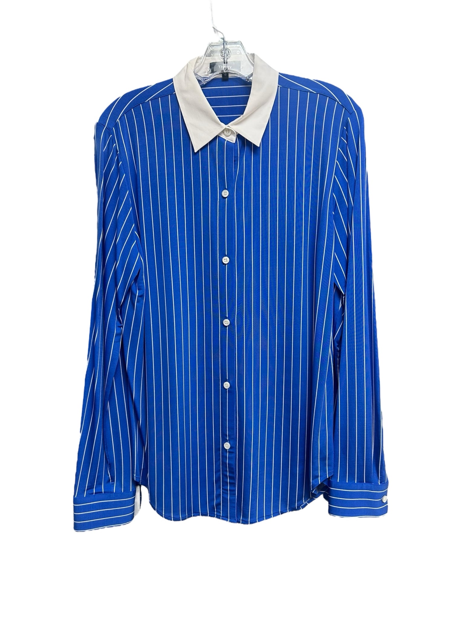 THEORY NWT ESSENTIAL BUTTON DOWN BLUE STRIPED JERSEY TOP SIZE MEDIUM