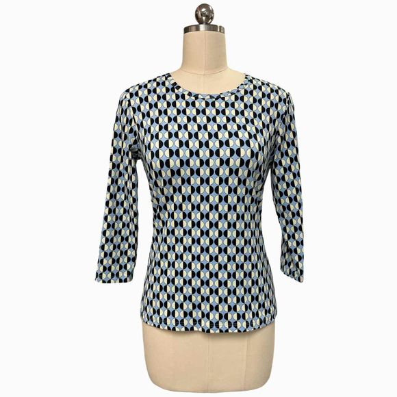 MCLAUGHLIN CATALINA CLOTH DOTTED PRINT 3/4 SLEEVE BLUE/BLACK TOP SIZE XS