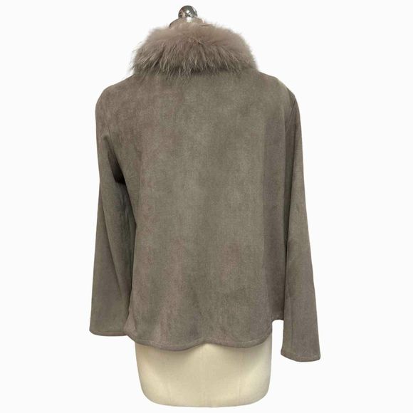 JAYLEY FAUX SUEDE TAUPE JACKET WITH FOX FUR TRIM SIZE S