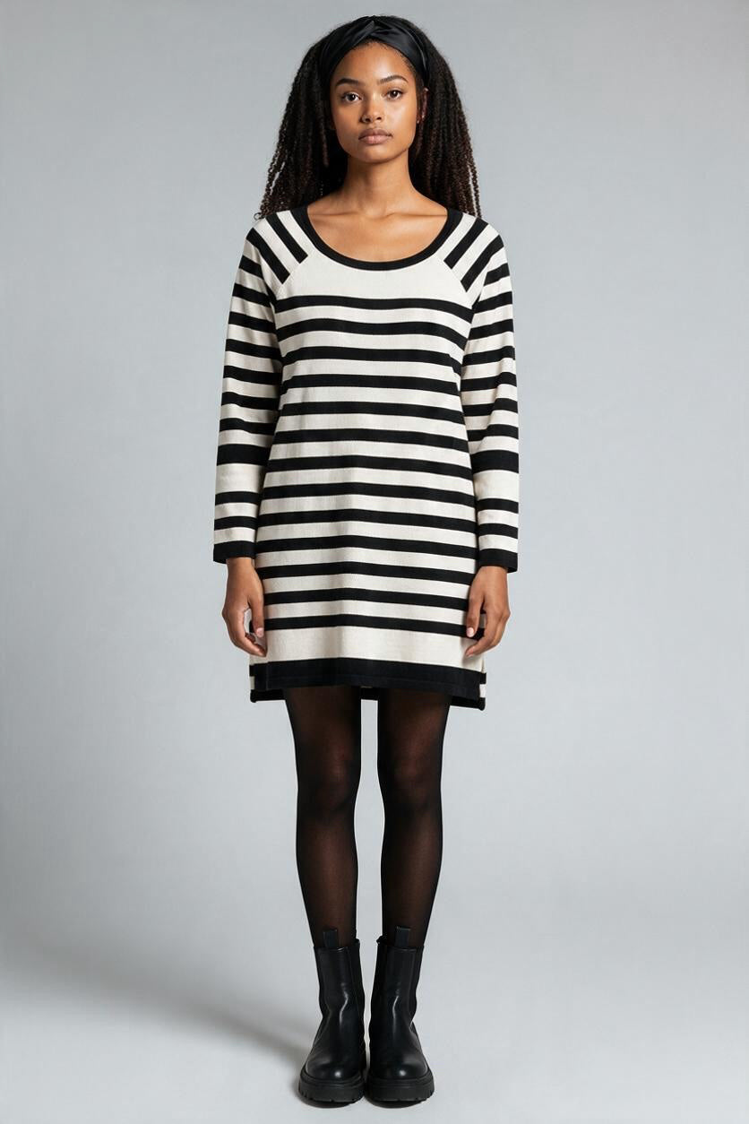 DIANA VON FURSTENBERG BLACK CREAM STRIPED SILK BLEND SWEATER DRESS SIZE L