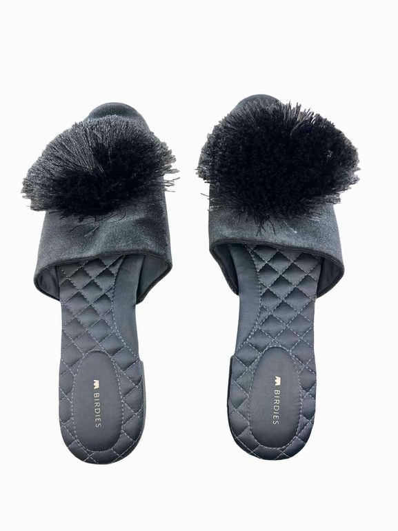 BIRDIES SONGBIRD VELVET POM POM MULES IN BLUE STEEL SIZE: 11