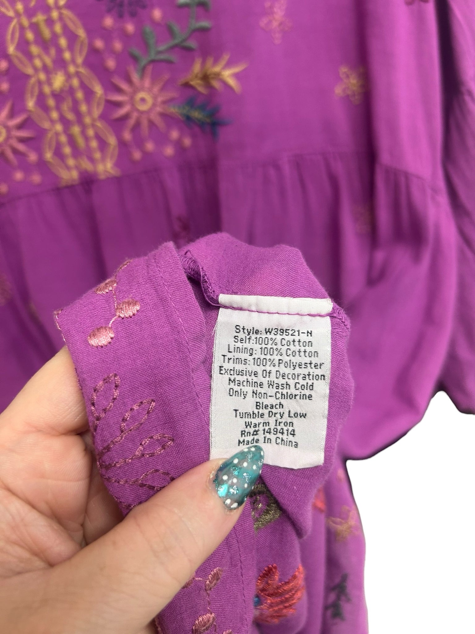 JOHNNY WAS LUCY EASY TIERED MINI PURPLE EMBROIDERED DRESS SIZE LARGE