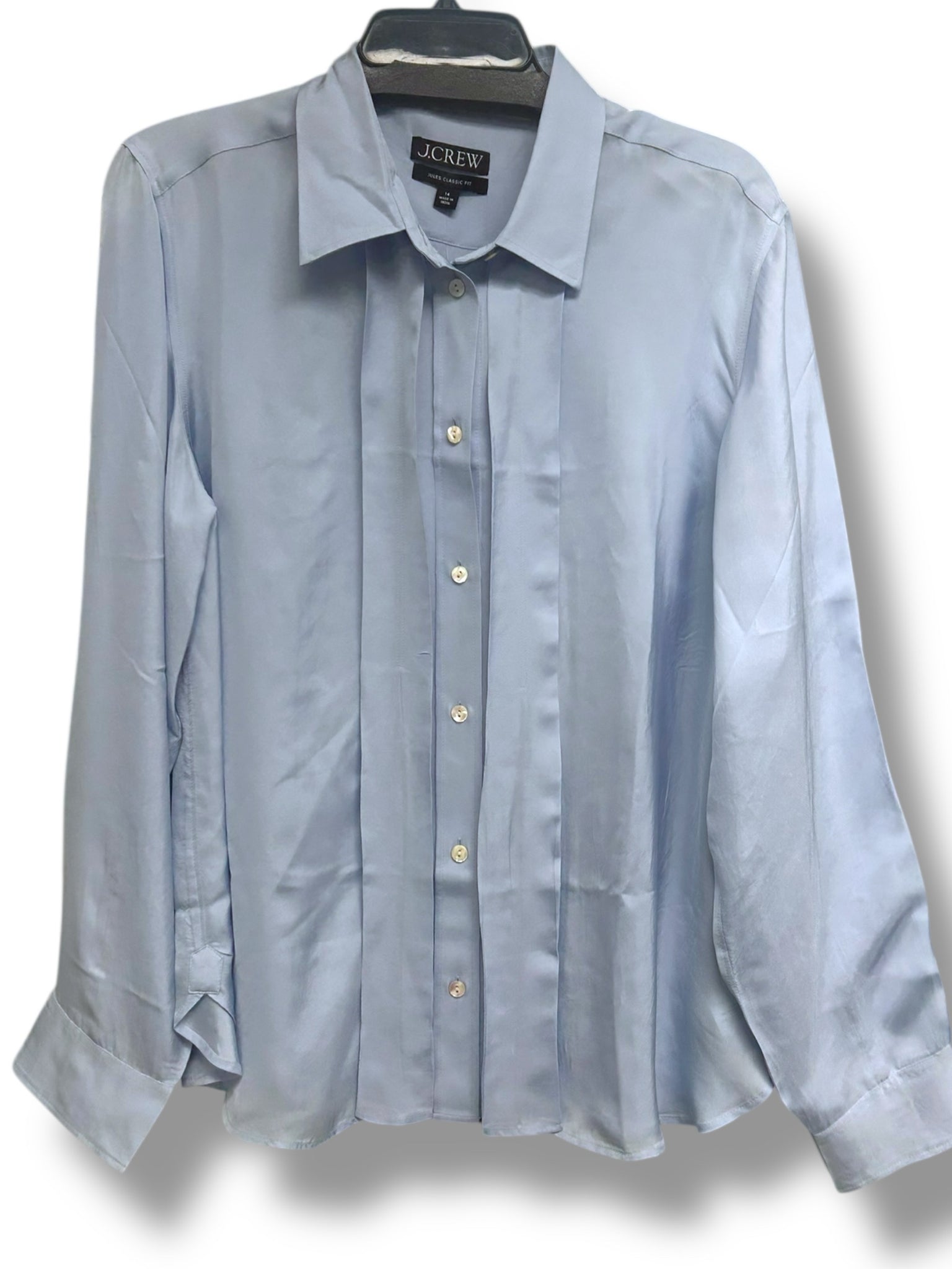 NWT J.CREW JULES CLASSIC FIT BLUE SATIN BUTTON UP SIZE 14