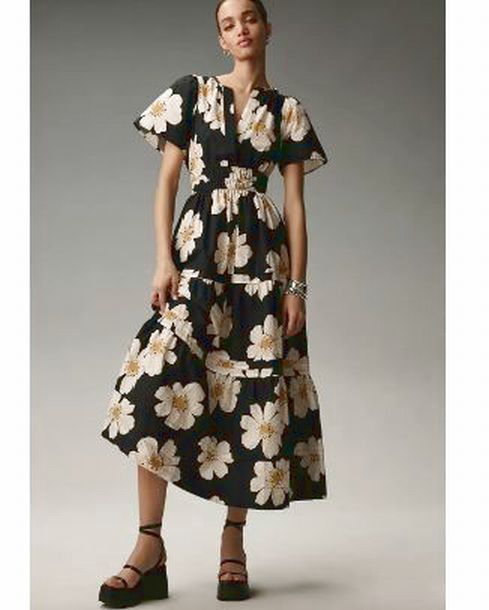 ANTHROPOLOGIE SOMERSET BLACK WHITE FLORAL TIERED MAXI DRESS SIZE SMALL
