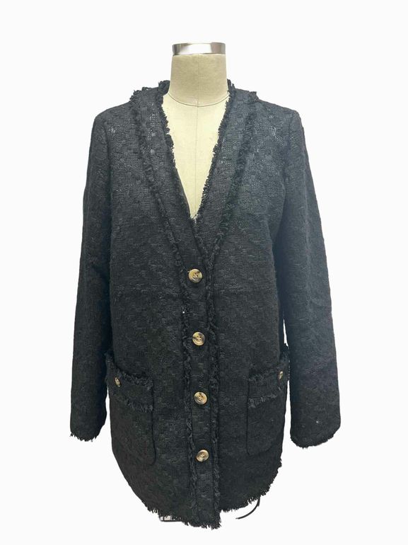 ANN TAYLOR FRINGE TWEED CARDIGAN JACKET SIZE: M TALL