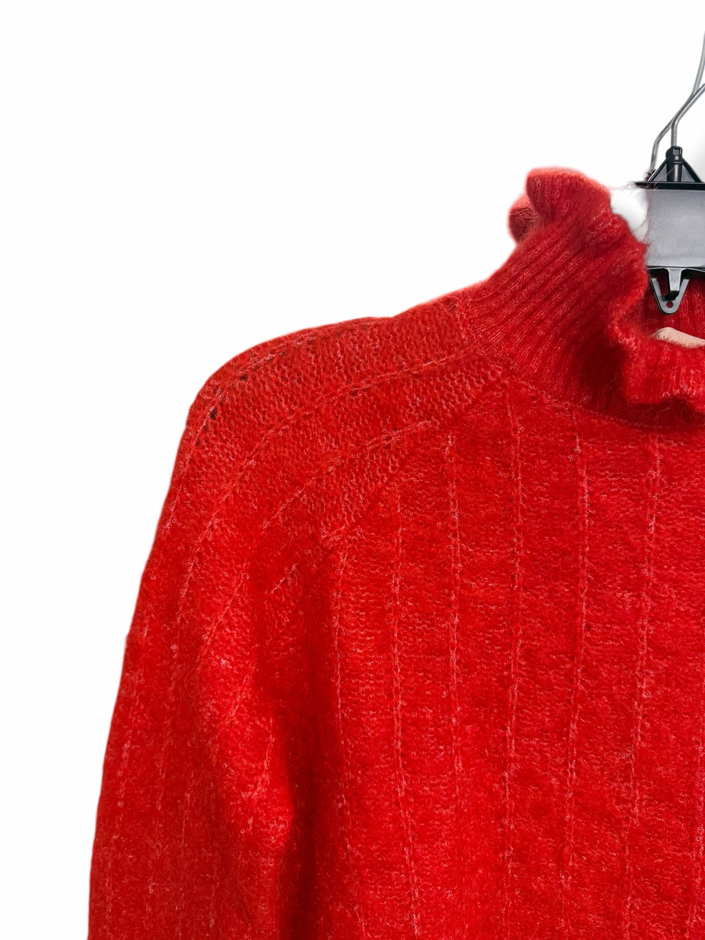 SEZANE MOHAIR MARINO WOOL LORIS JUMPER RED RUFFLE HIGH NECKLINE SIZE SMALL