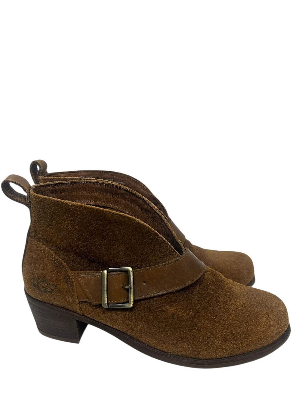 UGG WRIGHT BELTED SUEDE BOOTIE TAN STACKED SIZE 6.5