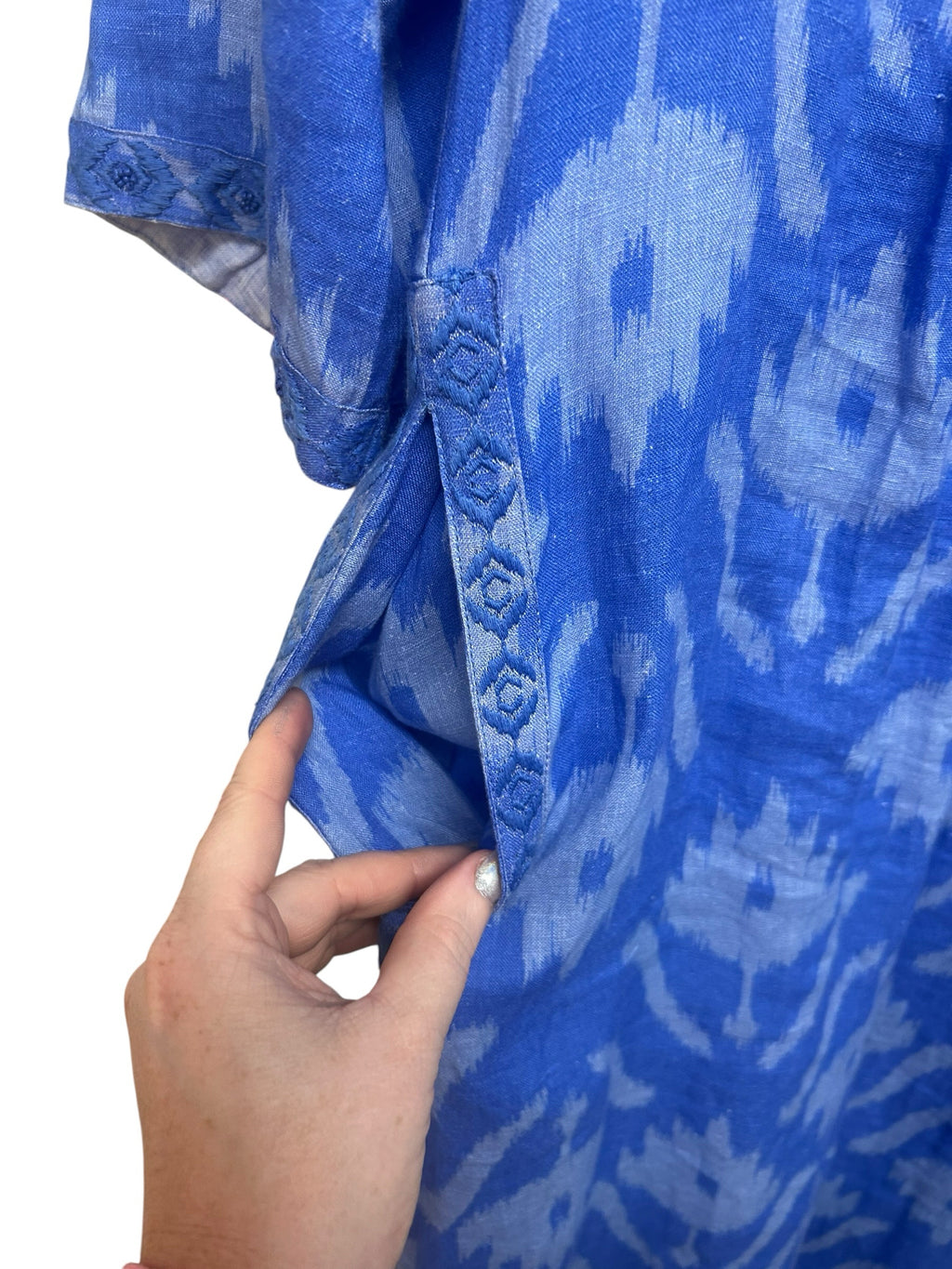 NIMO WITH LOVE BLUE EMBROIDERED LONG SLEEVE LINEN  KAFTAN DRESS SIZE XL