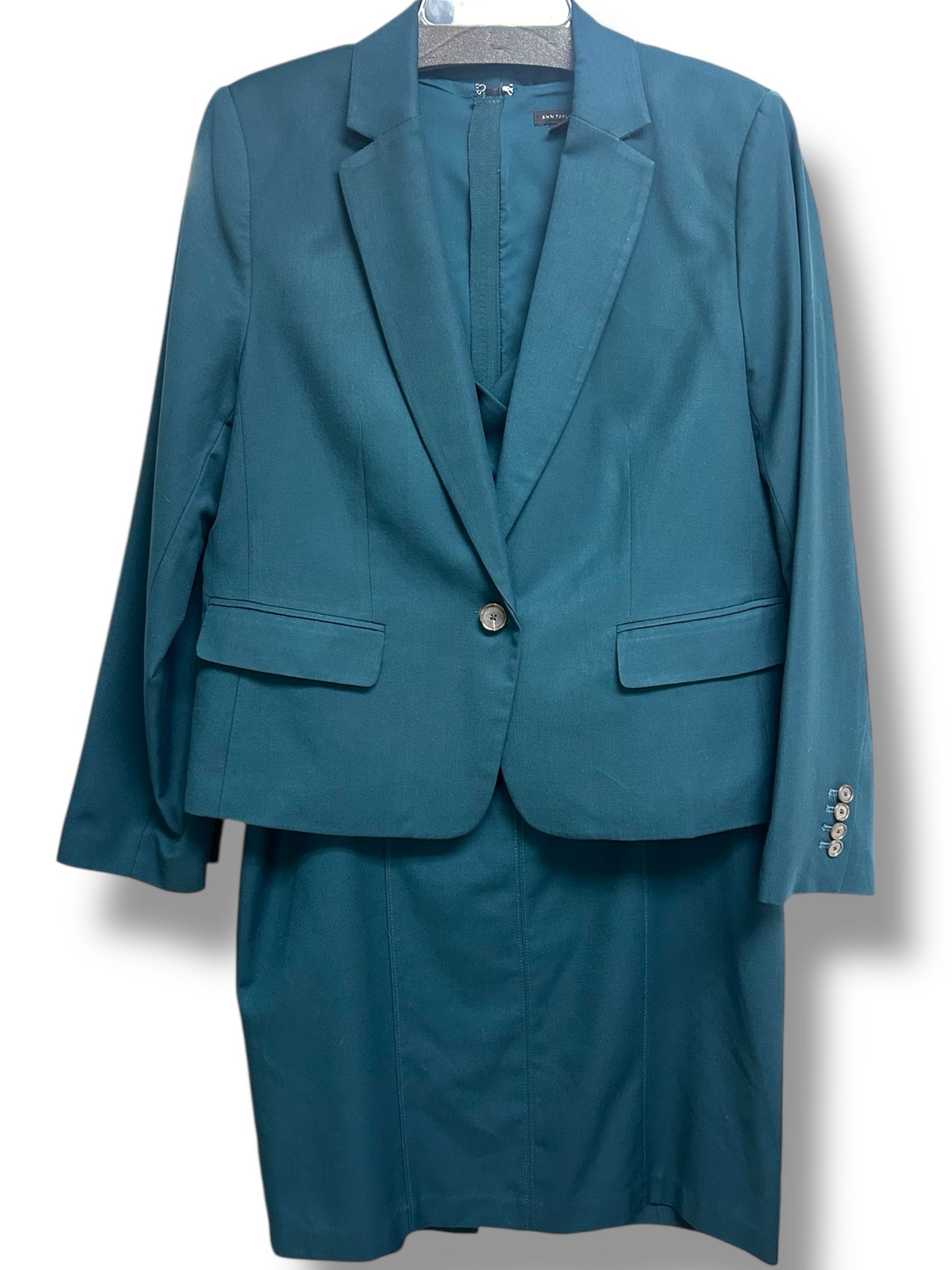 ANN TAYLOR SHEATH BELTED SUIT DRESS & BLAZER SET IN OMINOUS TEAL SIZE 12