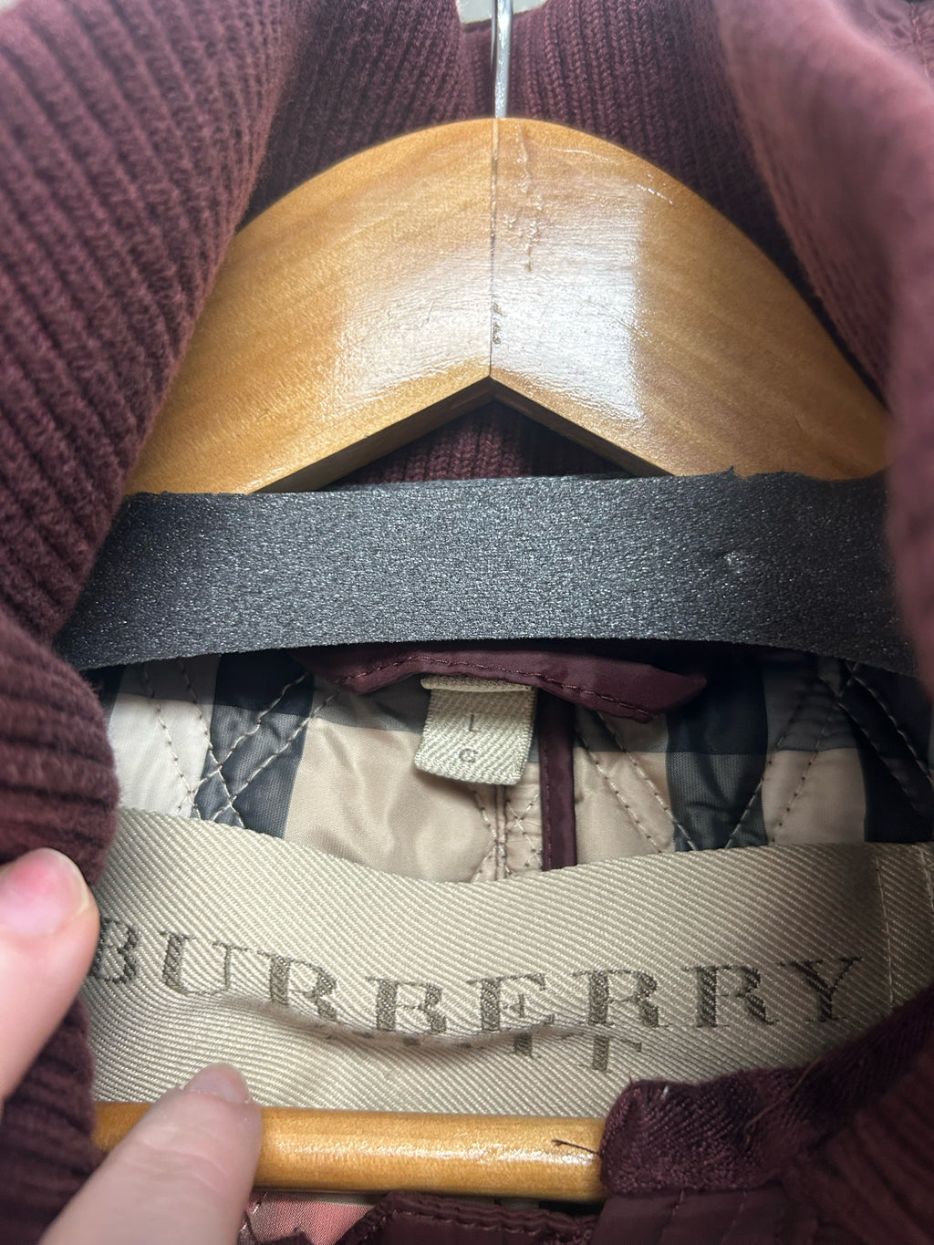 BURBERRY BRIT QUILTED BURGUNDY FINSBRIDGE BAUGHTON HOODED JACKET SIZE L