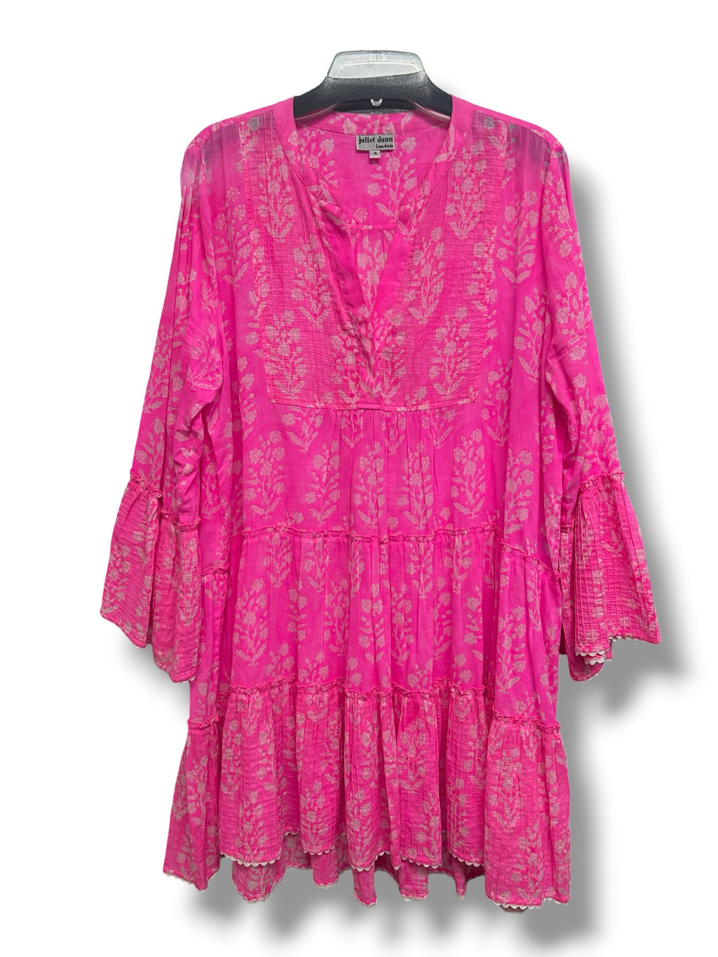 JULIET DUNN FLORAL BOHO SPLIT NECK TIERED PINK MINI DRESS SIZE XL