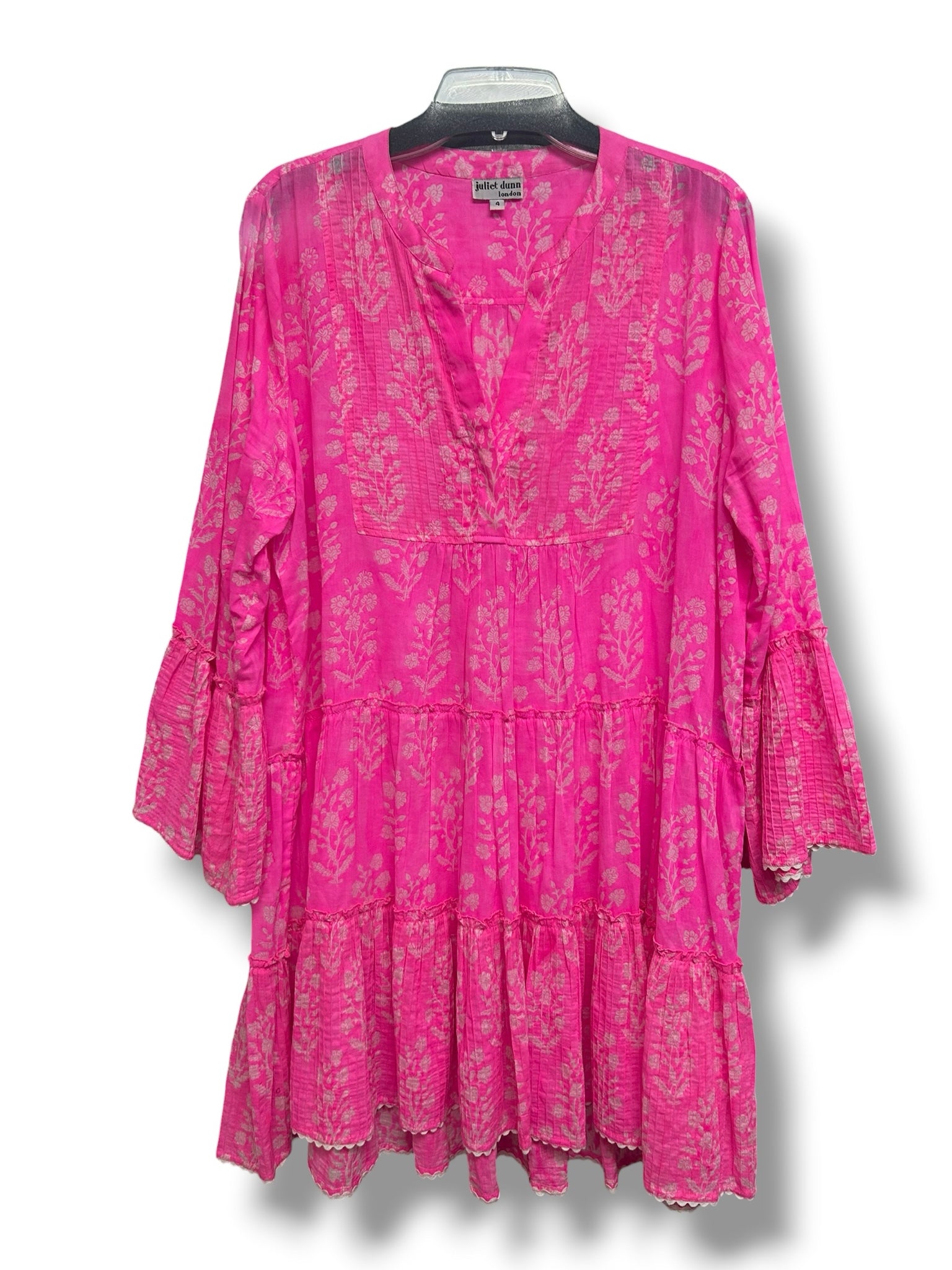 JULIET DUNN FLORAL BOHO SPLIT NECK TIERED PINK MINI DRESS SIZE XL