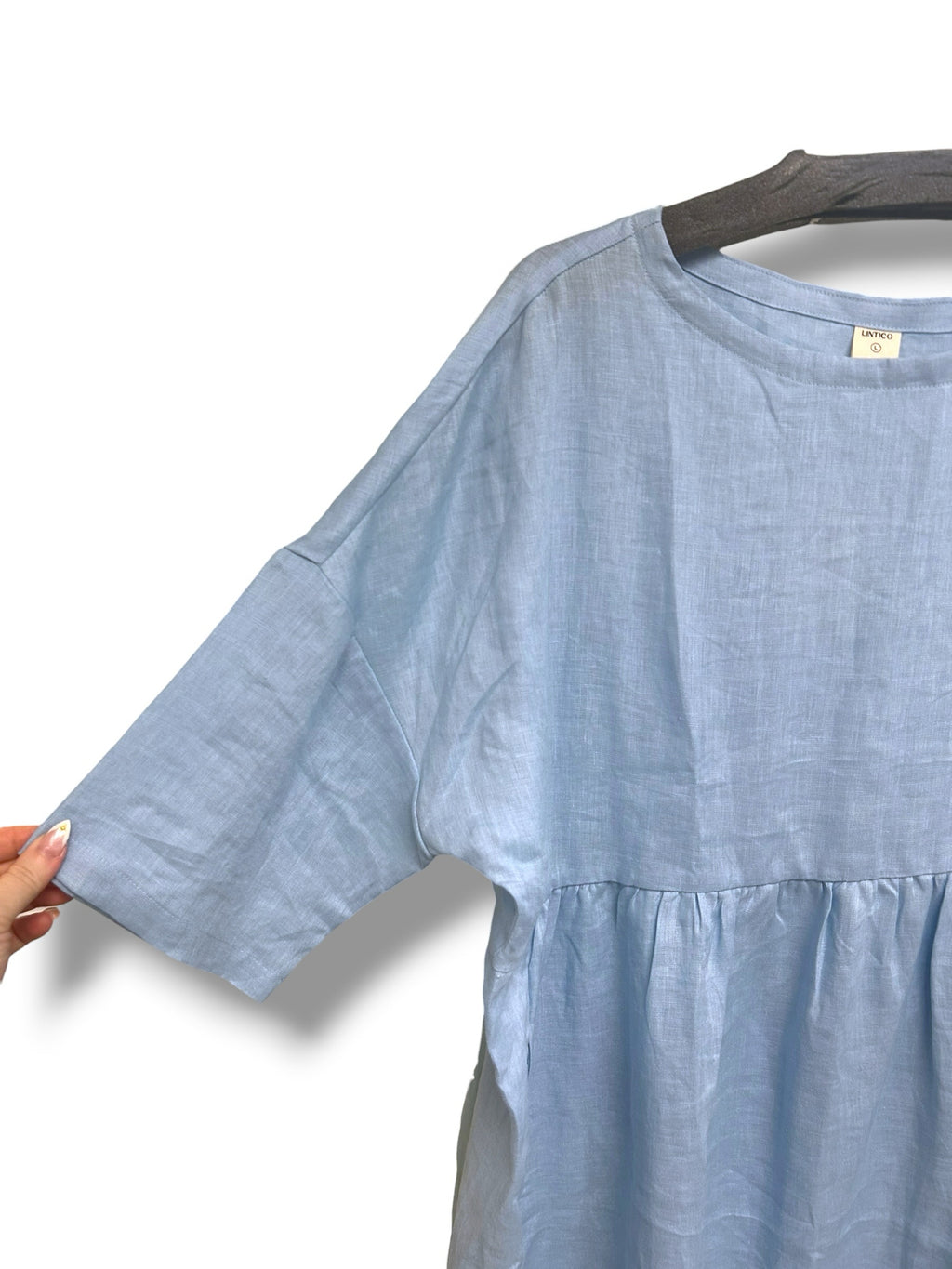 NWT LINTICO VALENCIA 100% LINEN BABY BLUE MIDI SHIFT DRESS SIZE LARGE