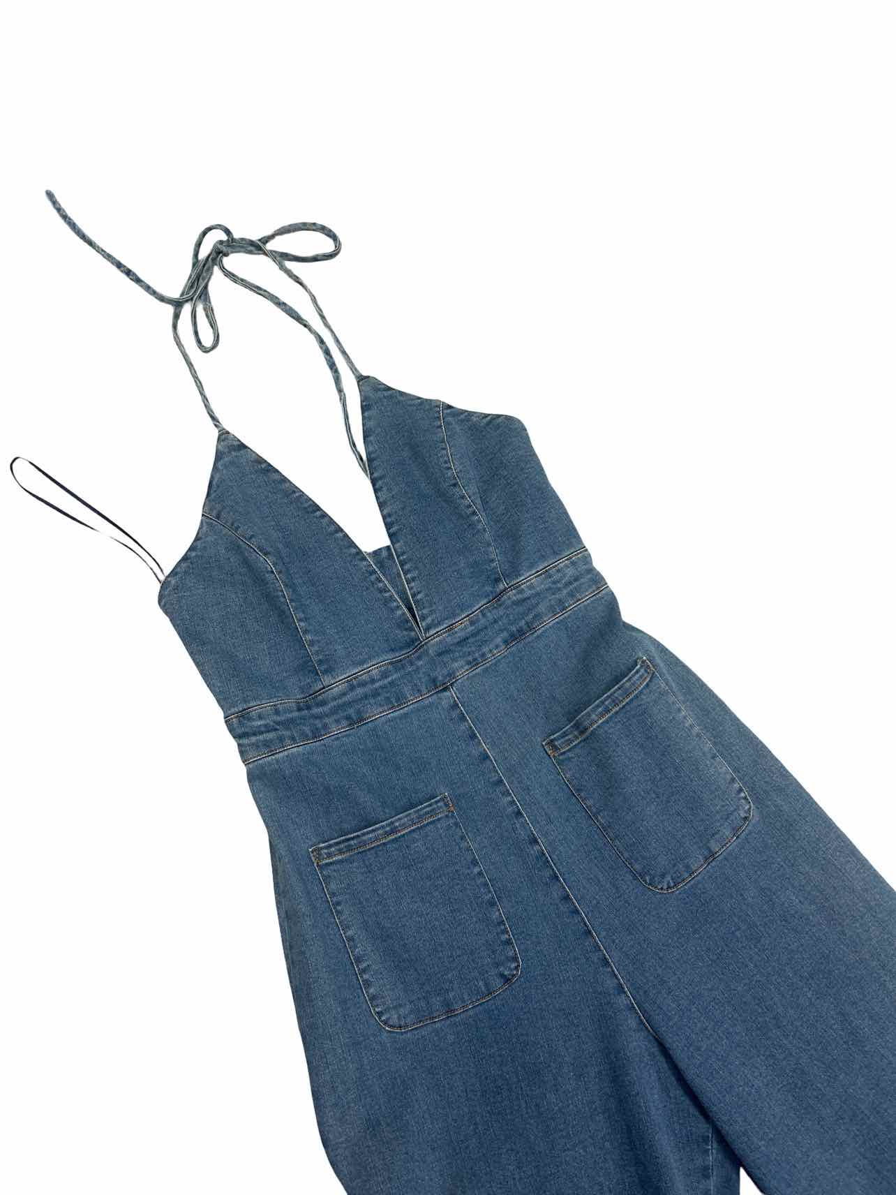 BARDOT LINA FLARE DENIM HALTER JUMPSUIT SIZE: 4