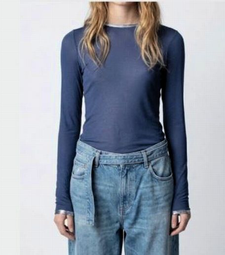 NWT ZADIG & VOLTAIRE WILLY FOIL TOP PACIFIC BLUE SILVER TRIM SIZE SMALL