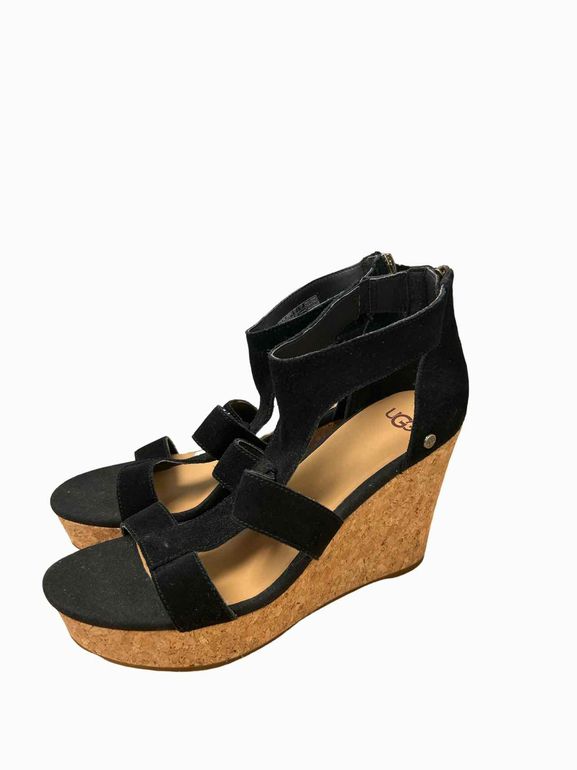 UGG NWOB WHITNEY SUEDE WEDGE SANDAL BLACK 8