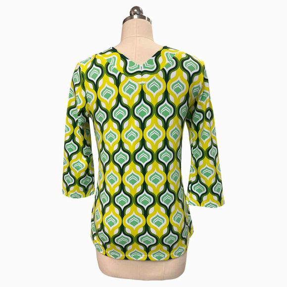 MCLAUGHLIN CATALINA CLOTH BAMBOO LATTICE PRINT 3/4 SLEEVE YELLOW/GREEN TOP SIZE XS