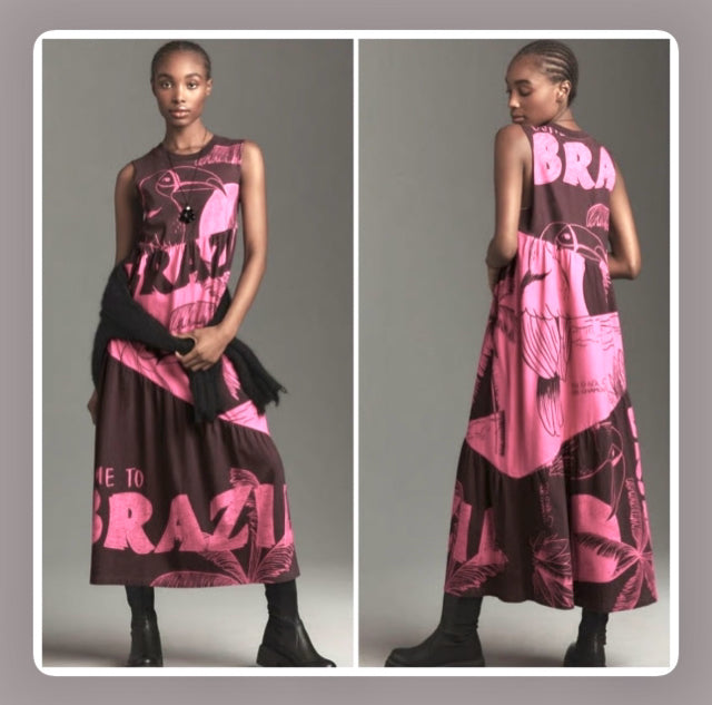 ANTHROPOLOGIE GRAPHIC 'BRAZIL' TIERED MAXI DRESS PINK BROWN SIZE LARGE