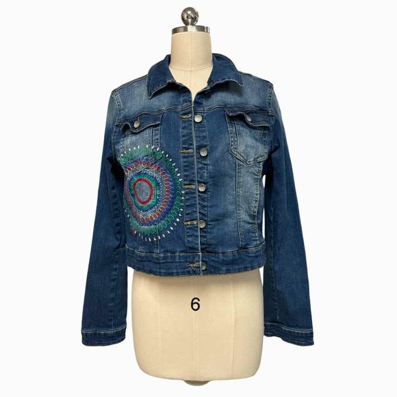 DESIGUAL TRUST ME YOU'RE LOVELY EMBROIDERED DENIM JACKET SIZE L