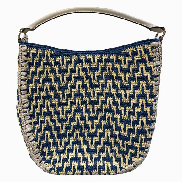 TORY BURCH BLUE/CREAM THEA STRAW BUCKET BAG
