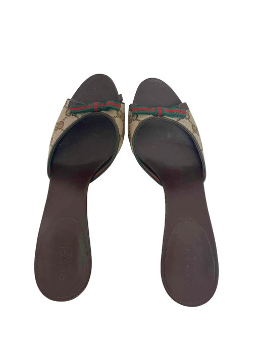 GUCCI GG LOGO BROWN TAN Y2K MULE HEEL SANDAL SIZE 8.5