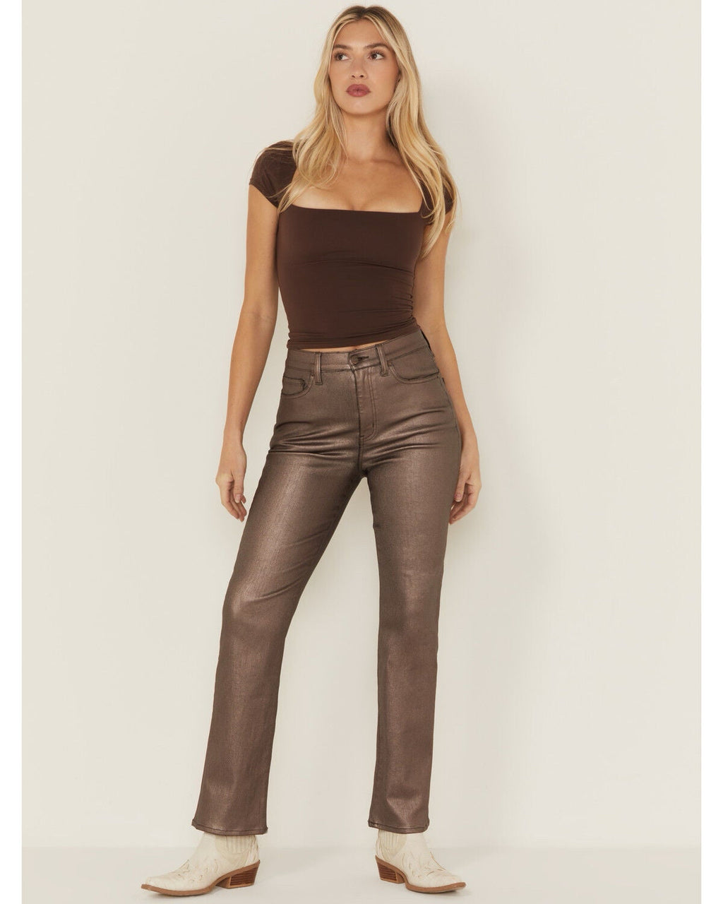DAZE WOMEN'S SUNDAZE HIGH RISE COATED STRAIGHT LEG STRETCH PANTS SIZE 28