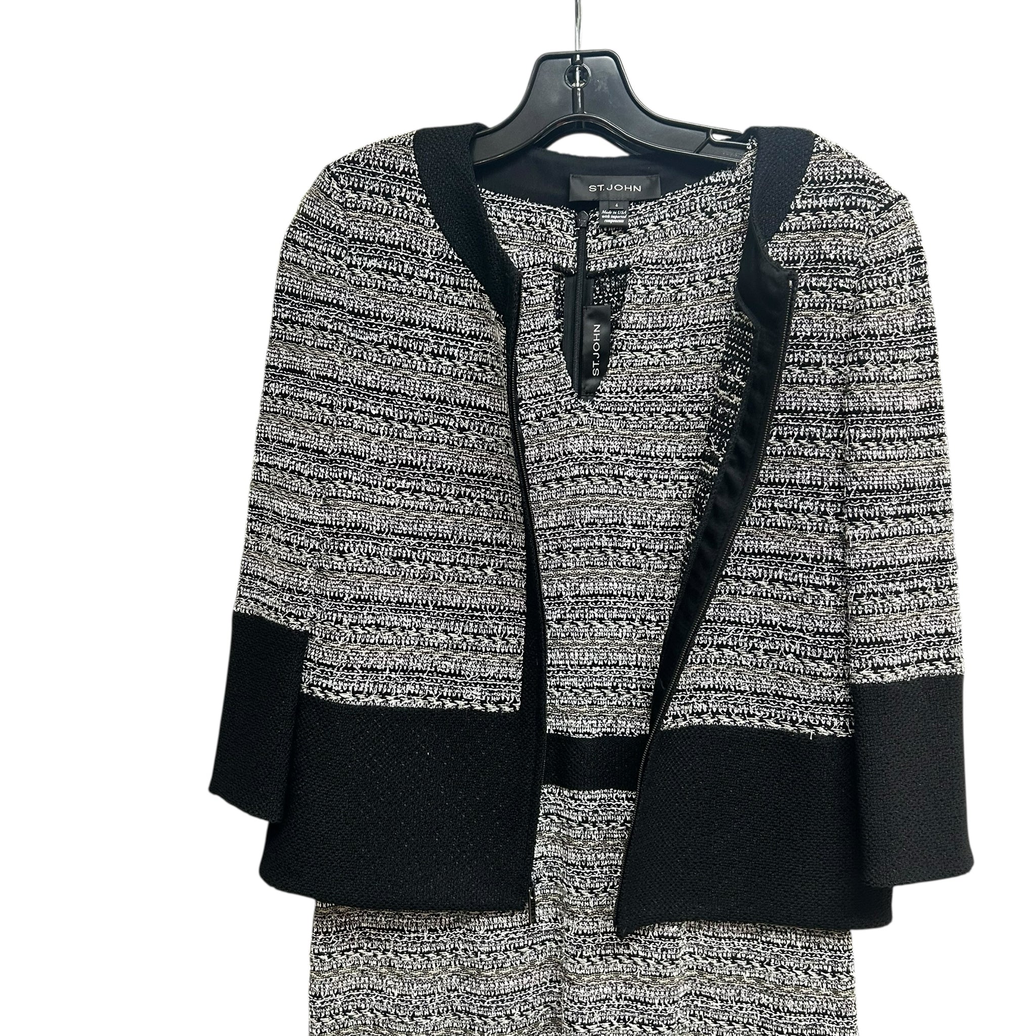 ST JOHN CAVIAR BLACK TEXTURED KNIT DRESS AND TOPPER JACKET SIZE 4