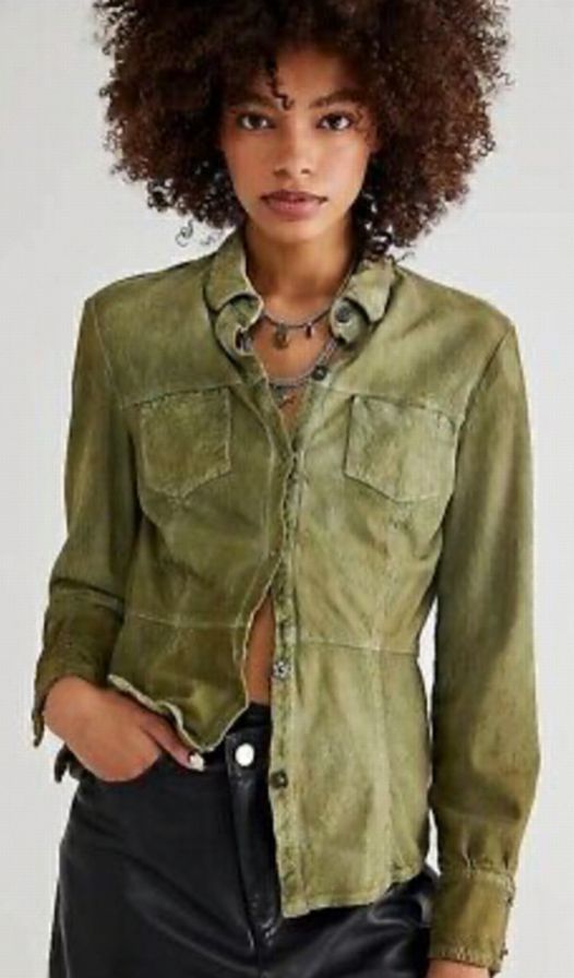 FREE PEOPLE GIORGIO BRATO SUEDE LEATHER SNAP FRONT OLIVE SHIRT JACKET SIZE 40